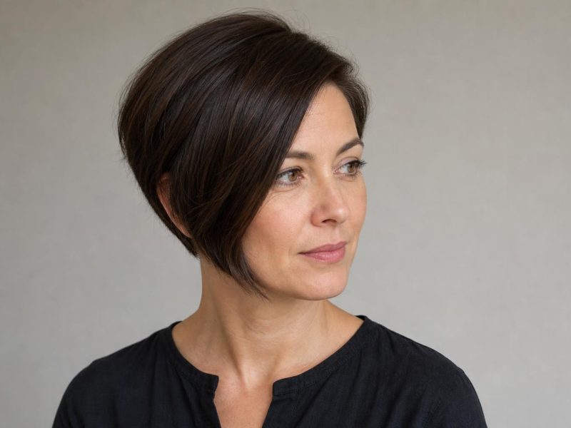 Jaw-Length Pixie Bob Tapered at the Back with Soft Crown Texture on Medium Brown Hair