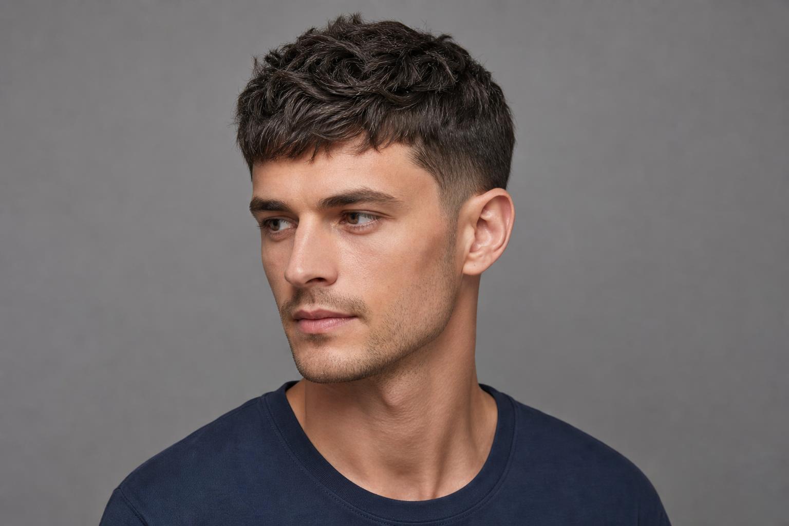 Short Textured Crop with a Low Taper on a Man with an Oval Face