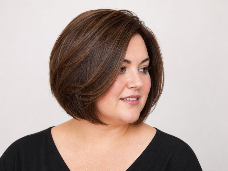 Angled Layered Bob with Jaw-Level Face-Framing Layers and a Deep Side Part on a Full Round Face