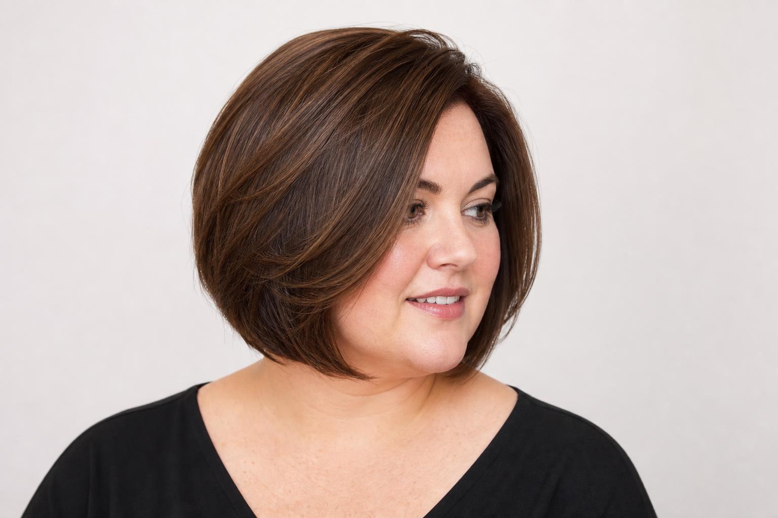 Angled Layered Bob with Jaw-Level Face-Framing Layers and a Deep Side Part on a Full Round Face