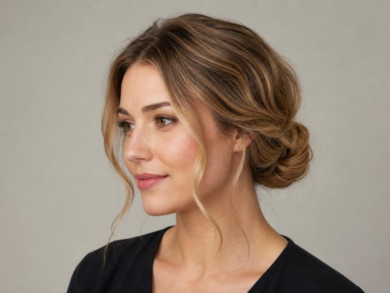 Twisted Low Bun with Loose Face-Framing Strands on Wavy Dark Blonde Hair