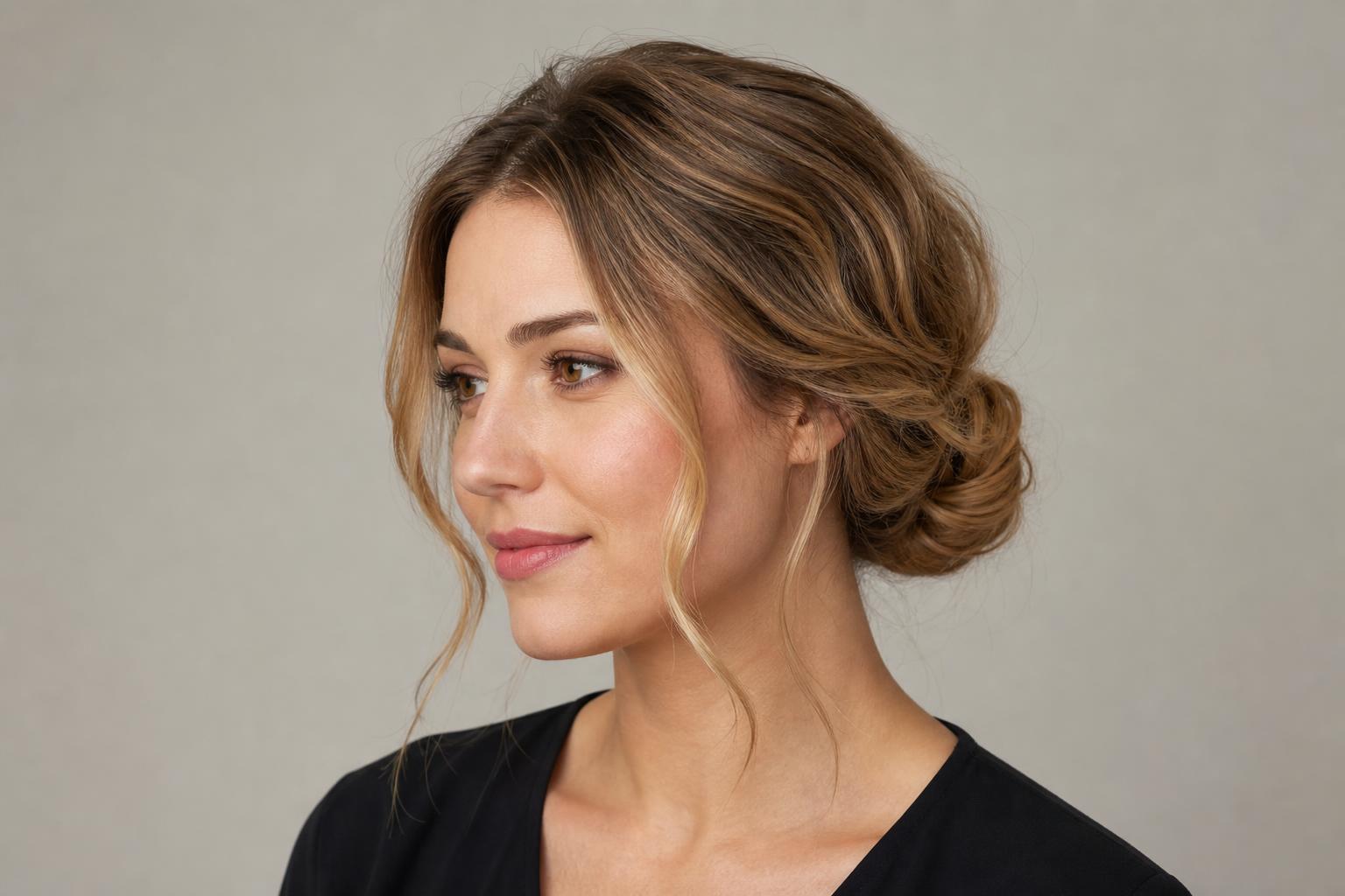 Twisted Low Bun with Loose Face-Framing Strands on Wavy Dark Blonde Hair