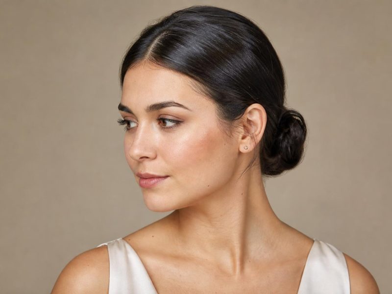 Glossy Low Sleek Bun on Dark Brown Hair with a Soft Natural Hairline