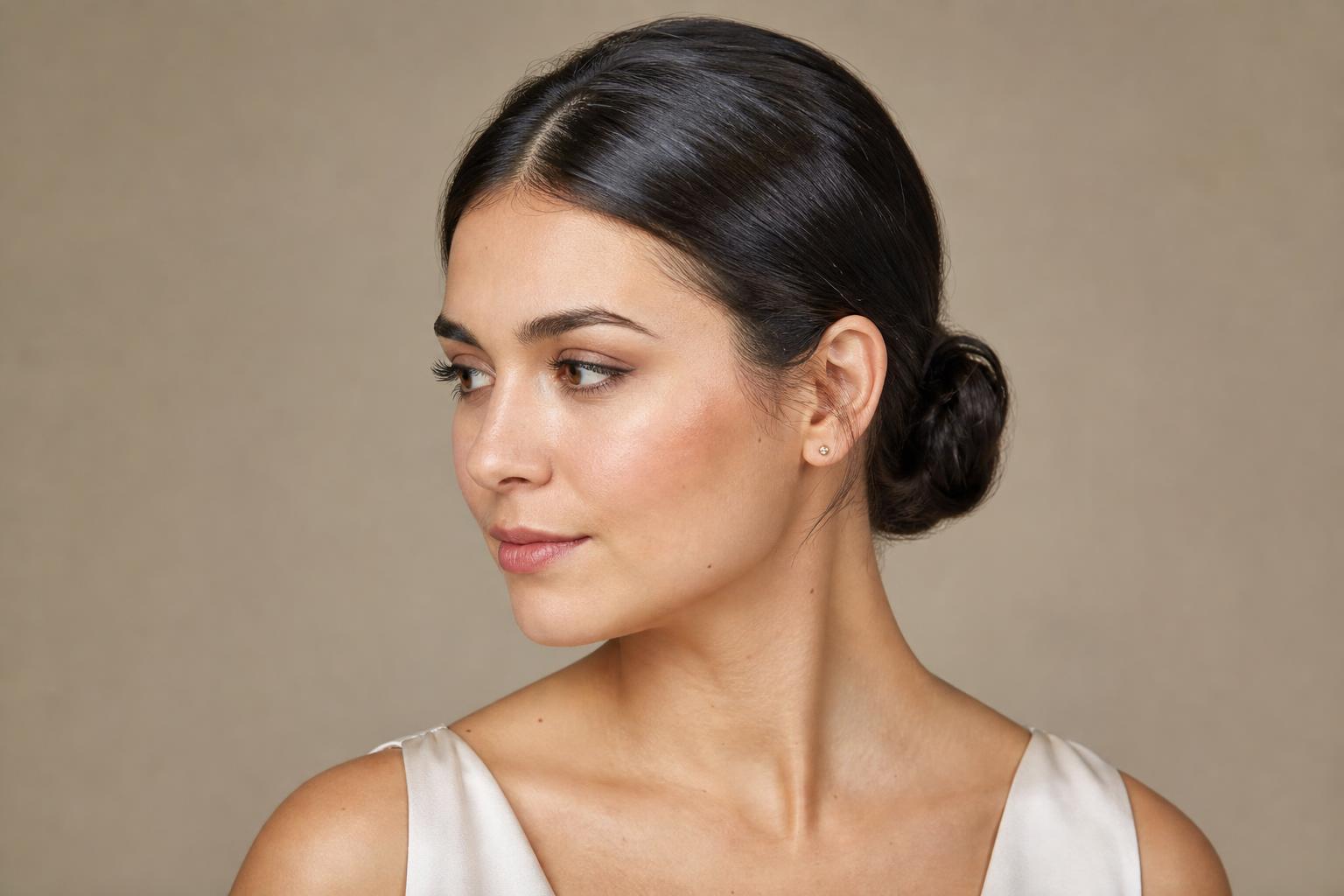 Glossy Low Sleek Bun on Dark Brown Hair with a Soft Natural Hairline