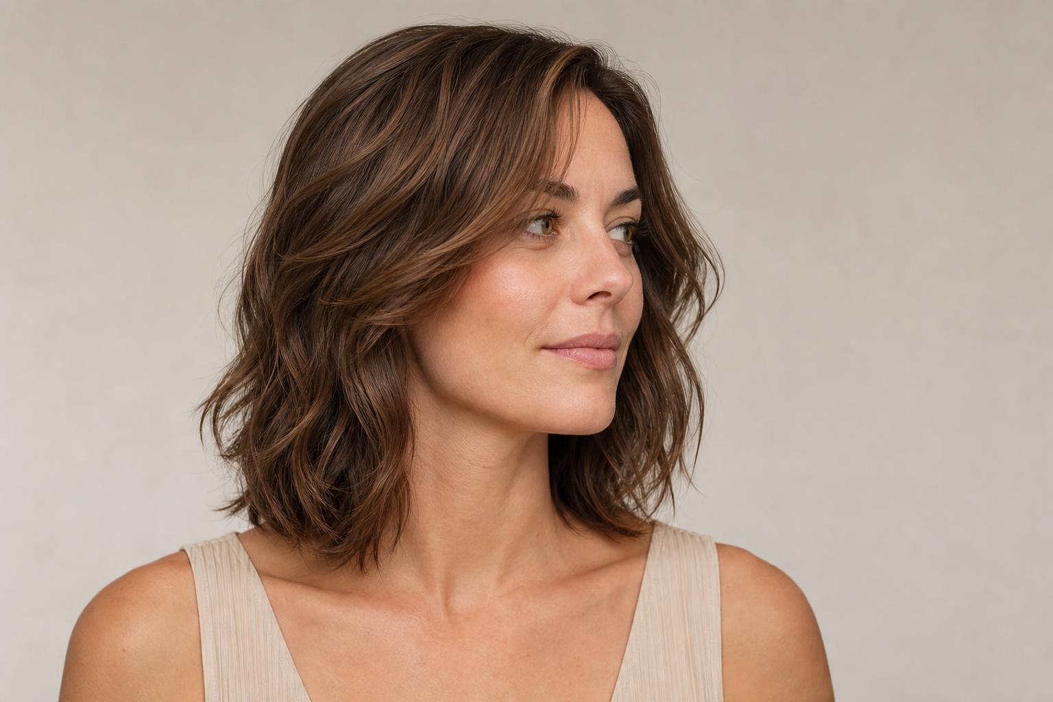 Collarbone Layered Lob with Inward-Curving Ends on Wavy Chestnut Hair