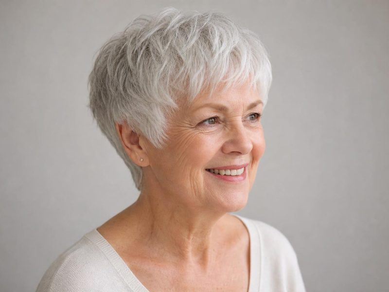 Layered Wash and Wear Pixie with Soft Crown Layers on Natural White Hair