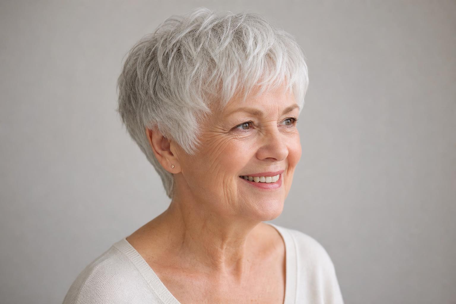 Layered Wash and Wear Pixie with Soft Crown Layers on Natural White Hair
