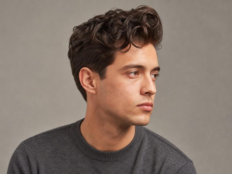Medium-Length Wavy Quiff with Tapered Sides on Thick Dark Brown Hair