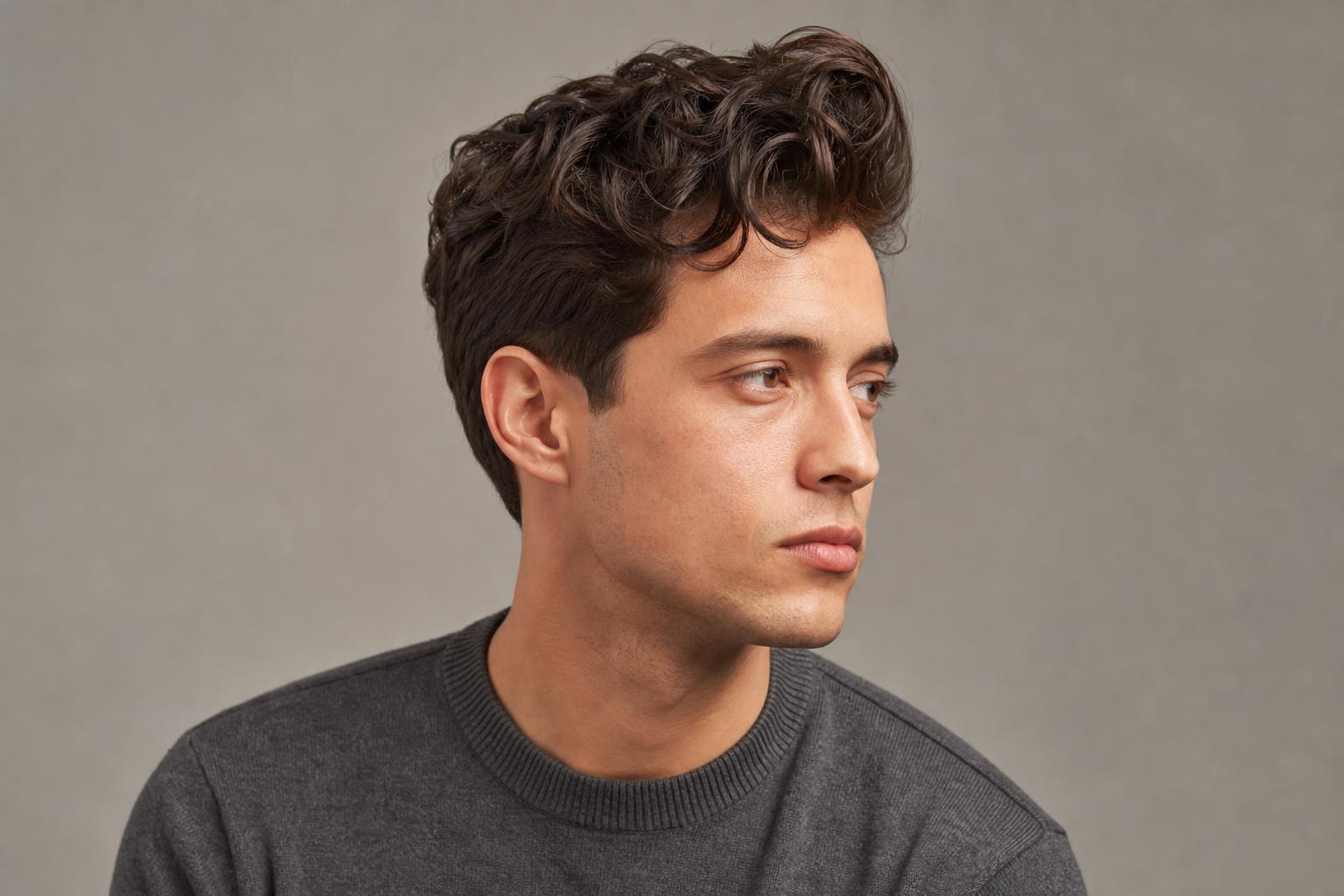 Medium-Length Wavy Quiff with Tapered Sides on Thick Dark Brown Hair