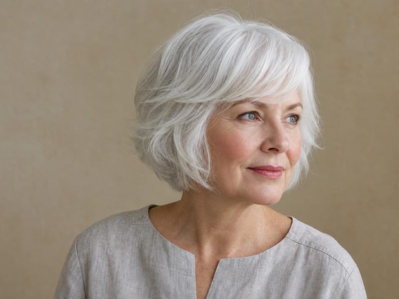 Natural White Hair in a Soft Chin-Length Bob on a Woman in Her Sixties
