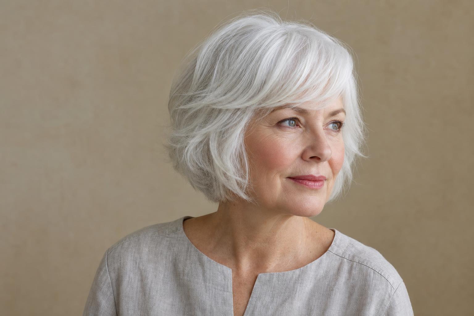 Natural White Hair in a Soft Chin-Length Bob on a Woman in Her Sixties